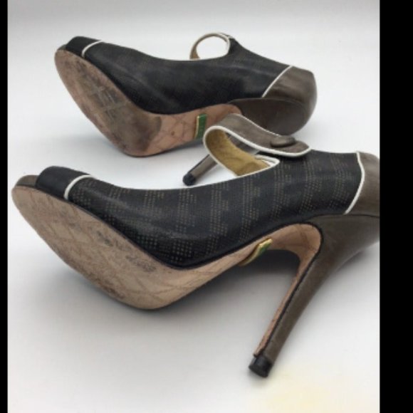 L.A.M.B. Brown Leather Peep Toe Pumps 8 - Picture 7 of 9